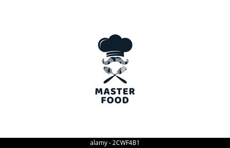 illustration chef hat mustache with fork and spoon food or restaurant logo icon vector Stock Vector