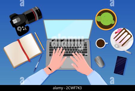 Workplace concept. Top view to hands with laptop, notebook, mouse, pencil, pen, mobile phone, digital camera, cup of coffee, cake and teaspoon, cactus Stock Vector