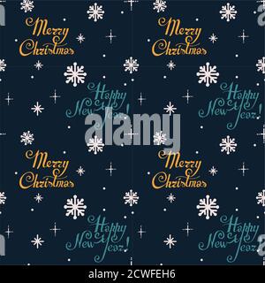 Seamless vector pattern with winter smowflake, snowfall with lettering Stock Vector
