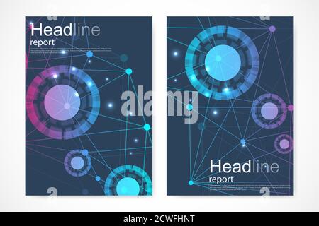 Scientific brochure design template. Vector flyer layout, Molecular structure with connected lines and dots. Scientific pattern atom DNA with elements Stock Vector