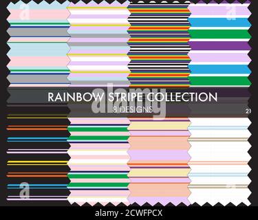 Rainbow striped seamless pattern collection includes 8 design swatches for fashion textiles, graphics Stock Vector