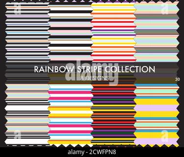 Rainbow striped seamless pattern collection includes 8 design swatches for fashion textiles, graphics Stock Vector