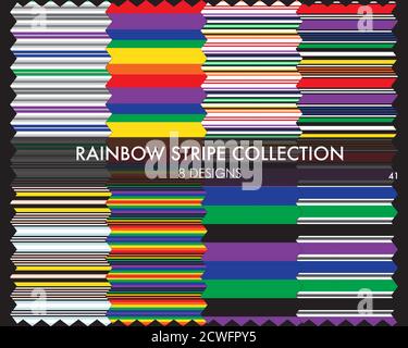 Rainbow striped seamless pattern collection includes 8 design swatches for fashion textiles, graphics Stock Vector