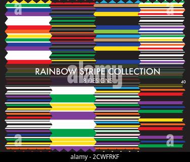Rainbow striped seamless pattern collection includes 8 design swatches for fashion textiles, graphics Stock Vector