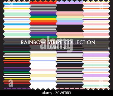 Rainbow striped seamless pattern collection includes 8 design swatches for fashion textiles, graphics Stock Vector