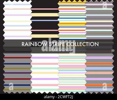 Rainbow striped seamless pattern collection includes 8 design swatches for fashion textiles, graphics Stock Vector
