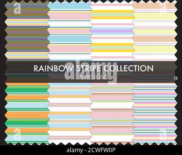 Rainbow striped seamless pattern collection includes 8 design swatches for fashion textiles, graphics Stock Vector