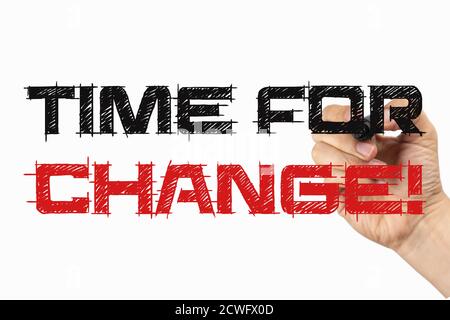 Time for change. Phrase on a whiteboard, written with black and red marker in a hand. Scribble sketch text on a board Stock Photo