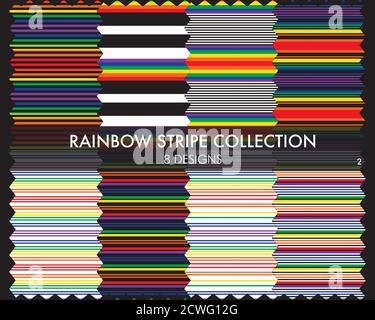 Rainbow striped seamless pattern collection includes 8 design swatches for fashion textiles, graphics Stock Vector