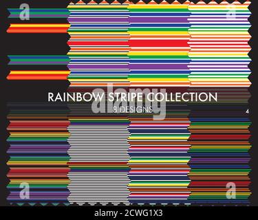 Rainbow striped seamless pattern collection includes 8 design swatches for fashion textiles, graphics Stock Vector