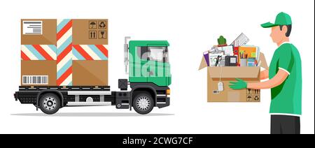 Delivery truck full of household items. Moving to new house. Family relocated to new home. Boxes with goods. Package transportation. Electronics appliances documents. Flat vector illustration Stock Vector