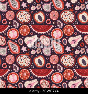 Cartoon Exotic and Tropical Fruit Slices Pattern Stock Vector