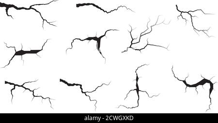 Ground cracks set. Earthquake and ground cracks, hole effect, craquelure and damaged wall texture. Vector illustrations for topics earthquake, crash Stock Vector