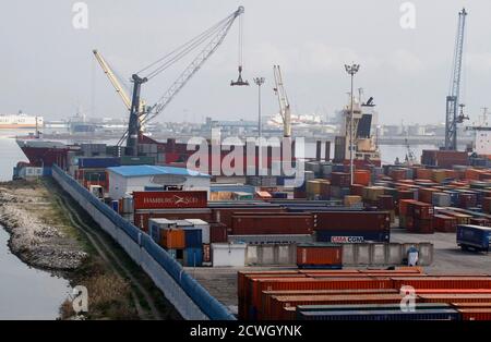 General View Taken From A Container Bridge Shows The Container Terminal Burchardkai As A Container Ship Passes By At Hamburg Harbour Late January 14 08 The Burchardkai Terminal Of The Hamburger Hafen