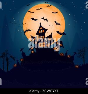 Halloween night background with creepy castle, moon, cemetery cross, bats and pumpkins. Halloween horror landscape with copy space.Vector illustration Stock Vector