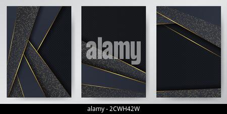 Carbon luxury abstract background with black overlap layers. Texture carbon with luxury golden glitters dots. Trmplate for cover of brochure, flyer, catalod. Set of backgrounds Stock Vector