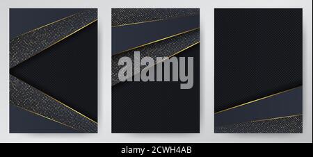 Carbon luxury abstract background with black overlap layers. Texture carbon with luxury golden glitters dots. Trmplate for cover of brochure, flyer, catalod. Set of backgrounds Stock Vector
