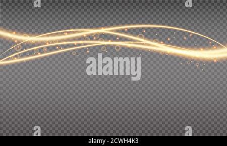 Golden swoosh, magic wave. Gold trail isolated on transparent background. Luminescent waved trail with bright bokeh and sparkles. Swoosh with stradust Stock Vector