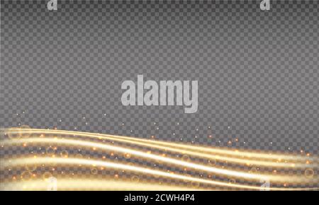 Golden swoosh, magic wave. Gold trail isolated on transparent background. Luminescent waved trail with bright bokeh and sparkles. Swoosh with stradust Stock Vector