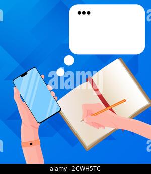 A girl has holding a smartphone in the hand, writing a message. In another hand she has holding a pencil and writing something in notebook. Work place Stock Vector