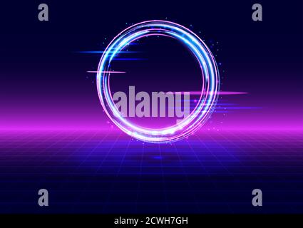 Vaporwave style. Retrofuturistic landscape with perspective grid and glowing circle. Background synth and vaporwave style for electronic music, posters and wallpaper Stock Vector
