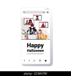 happy halloween holiday celebration concept people in costumes discussing with friends during video call online communication self isolation concept smartphone screen vector illustration Stock Vector