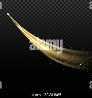 Golden wave whith trail of comet and sparkling gold stardust, effect bokeh. Luminescent wave with bright bokeh and sparkles trail on transparent background for magic design Stock Vector