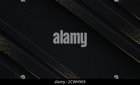 Carbon luxury abstract background with black overlap layers. Texture carbon with luxury golden glitters dots Stock Vector