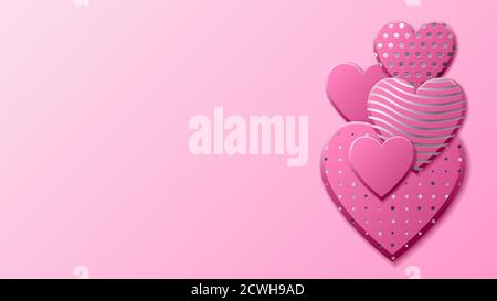 Valentines Day background with pink hearts and silver pattern. Silver luxury cover on roseate background. Pink holidays poster, card, add, header, website, article for valentines day Stock Vector