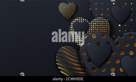 Valentines Day background with black hearts and gold pattern. Gold luxury cover on dark background. Black holidays poster, card, add, header, website, article for valentines day Stock Vector