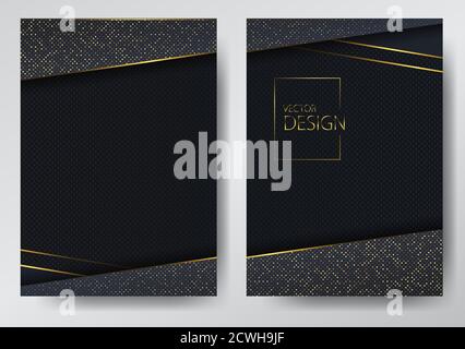 Carbon luxury abstract background with black overlap layers. Texture carbon with luxury golden glitters dots. Trmplate for cover of brochure, flyer, catalod. Set of backgrounds Stock Vector