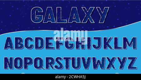 Galaxy alphabet style. Mettalic alphabet typeface with galaxy sparkling stars. Typography design for headlines, labels, posters, logos, cover, etc Stock Vector