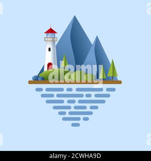 Lighthouse with blue sea, mountains, roks andtree. Lighthouse in ocean for navigation illustration. Island landscape Stock Vector