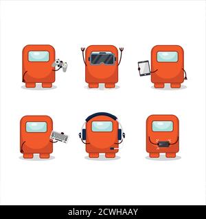 Among us orange cartoon character are playing games with various cute emoticons Stock Vector