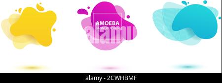 Amoeba liquid design. Dynamical colored forms of amoeba. Modern banner template for logo, flyer, presentation design. Yellow, red, blue colors Stock Vector