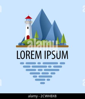 Lighthouse with blue sea, mountains, roks andtree. Lighthouse in ocean for navigation illustration. Island landscape. Logo design Stock Vector