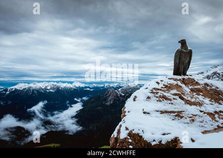 Christomannos Monument on the Roda di Vael pathway, Rosegarten Group Mountains, Dolomites, Italy Stock Photo