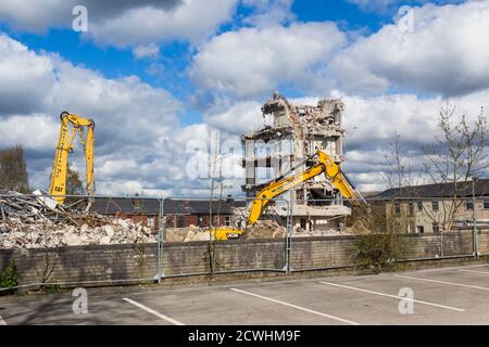 Demolition in progress of the former Bury police headquarters building on  Irwell Street, Bury, Greater Manchester. Stock Photo