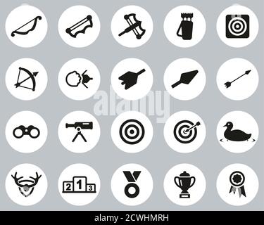 Archery Sport Or Archery Leisure Icons Black & White Flat Design Circle Set Big Stock Vector