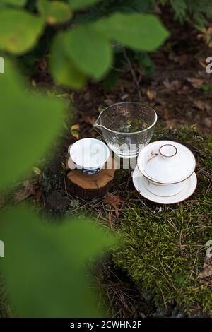 Chinese teaware set at forest with copyspace Stock Photo