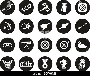Archery Sport Or Archery Leisure Icons White On Black Flat Design Circle Set Big Stock Vector