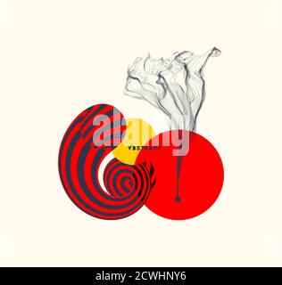 Abstract art in Japanese style. Array with dynamic emitted particles. Water splash imitation. Modern science background. Vector illustration. Stock Vector
