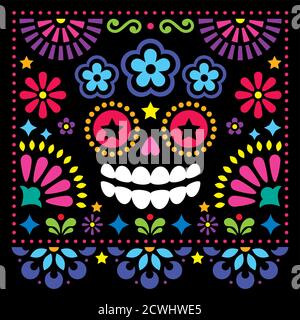 Mexican folk art vector folk art design with sugar skull and flowers, colorful Halloween and Day of the Dead greeting card on black Stock Vector