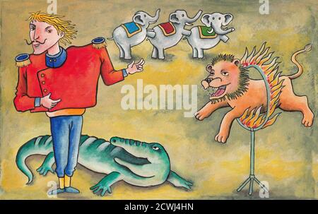 A tamer performs in the circus. A lion goes through a ring of fire, three elephants walk on two legs and a crocodile. Illustration made with acrylics Stock Photo