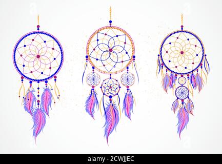 Vector set of decorative dreamcatchers with feathers. Magic symbol in violet, blue and yellow color. For t-shirts  and other your design. Please see o Stock Vector