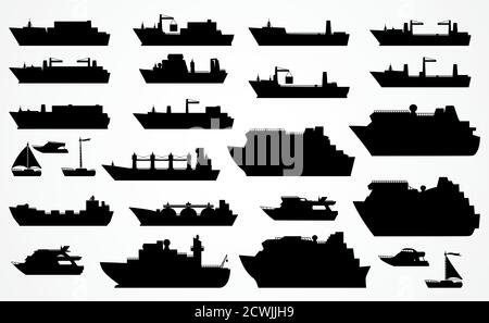 Vector set of different ships: dry cargo ships, container ships, tanker, bulk carrier, dry cargo ship, icebreaker, trawler, yacht, sailboat, сruise sh Stock Vector