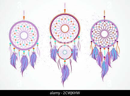 Vector set of decorative dreamcatchers with feathers on a grunge background. Magic symbol in violet, orange and turquoise color. For t-shirts  and oth Stock Vector