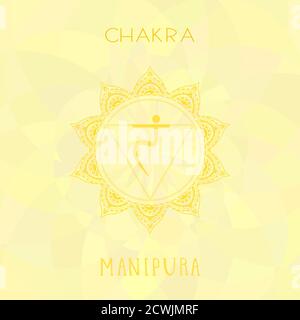 Vector illustration with symbol chakra Manipura on abstract background. Circle mandala pattern and hand drawn lettering. Colored. Stock Vector
