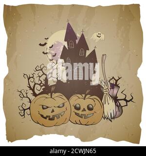 Vector Halloween illustration with grinning Pumpkins, broom and sinister castle on grunge background. Stock Vector