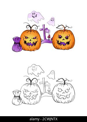 Halloween illustration with smiling Pumpkins, ghosts, spider and grave on a white background. Two variant: color and monochrome. Page of coloring book Stock Vector